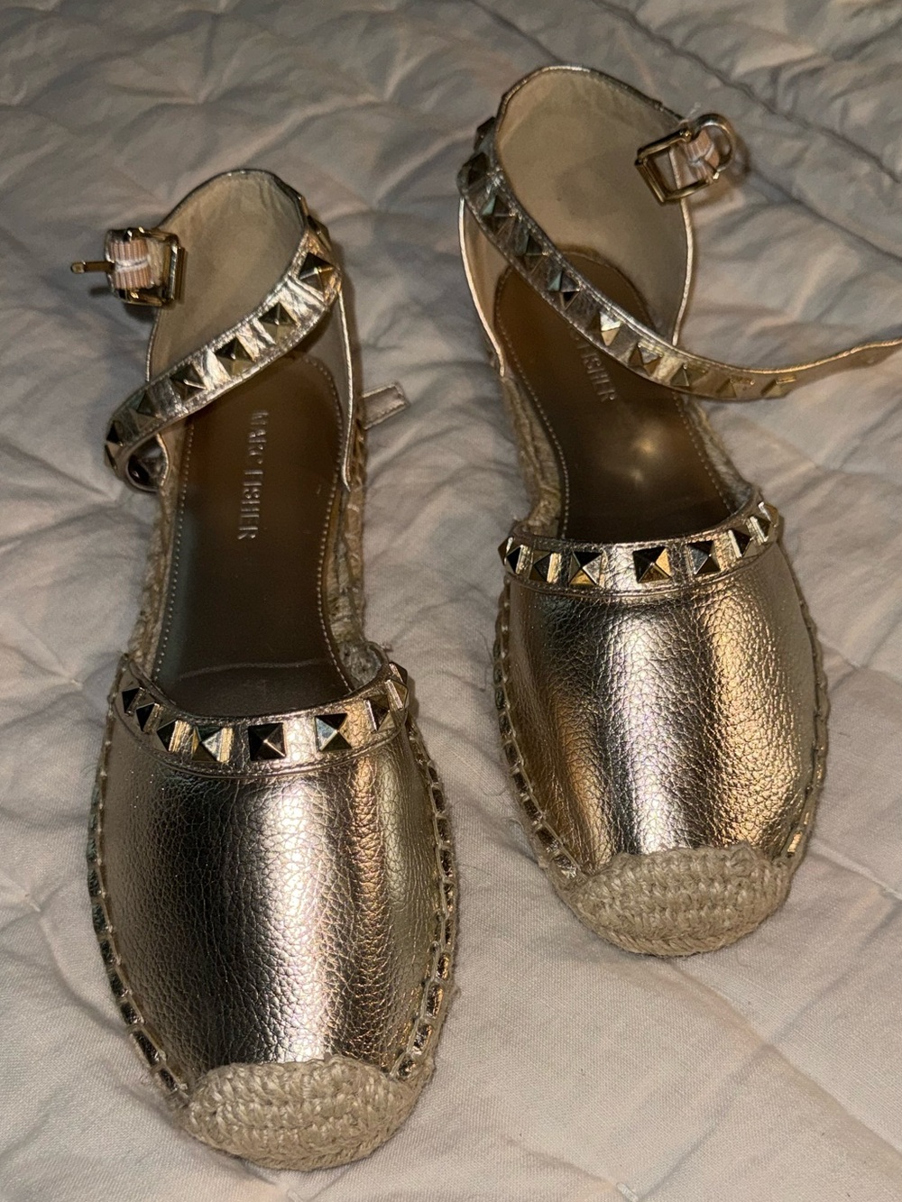 Marc Fisher Metallic Gold Studded Ankle-Strap Flat Espadrilles